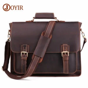 Crazy Horse Leather Briefcase with 15.6" Laptop Compartment for Men - Vintage Professional Messenger Bag