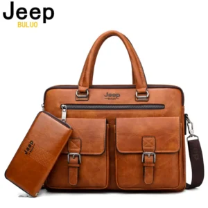 Split Leather Business Briefcase Set with Laptop Compartment for Men - Professional Office Organizer