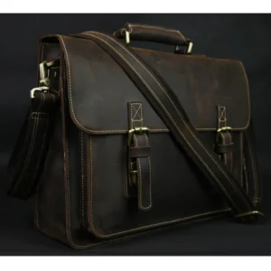Full Grain Crazy Horse Leather Briefcase with 15" Laptop Compartment for Men - Vintage Professional Messenger Bag