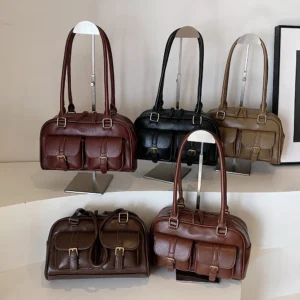 Vintage PU Leather Boston Shoulder Tote Bag with Double Pockets - Retro Underarm Sling for Women