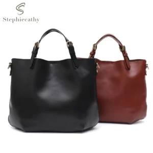 Genuine Leather Minimalist Tote Bag with Zip Liner - Vintage Elegant Work Purse for Women