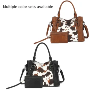 PU Leather Work Tote Bag Set with Cow Print Pattern - Professional 2-Piece Shoulder Bag with Multi-Pockets
