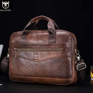 Full Grain Cow Leather Briefcase with 14-inch Laptop Compartment for Men - Professional Business Messenger Bag