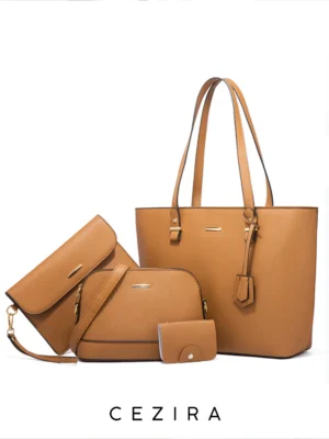 Vegan Leather 4-Piece Handbag Set - Versatile Tote with Crossbody, Wristlet & Cardholder