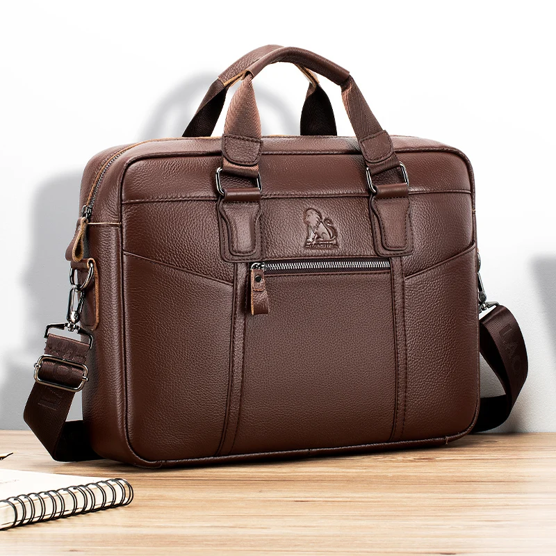 Classic brown leather briefcase showing natural patina development from quality materials
