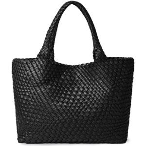 Woven Vegan Leather Tote Bag with Shoulder Straps - Fashion Summer Beach Travel Handbag