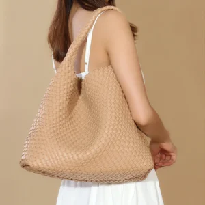 Vegan Leather Woven Tote Bag with Shoulder Straps for Women - Professional Work and Travel Handbag