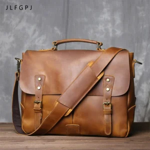 Vintage Crazy Horse Leather Messenger Briefcase for Men - Full Grain Cowhide Professional Bag