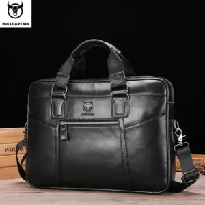 Full Grain Cow Leather Briefcase with 15.6-Inch Laptop Compartment for Men - Professional Business Messenger Bag