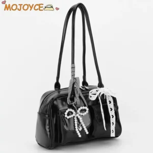 Y2K Bow Knot PU Leather Shoulder Bag - Sweet Underarm Tote with Double Pockets for Women
