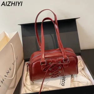 Y2K Aesthetic Red PU Leather Shoulder Bag with Top Handle for Women - Fashion Tote Purse