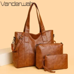 Vintage 3-Piece PU Leather Handbag Set for Women - Luxury Crossbody Shoulder Bags with Multiple Compartments