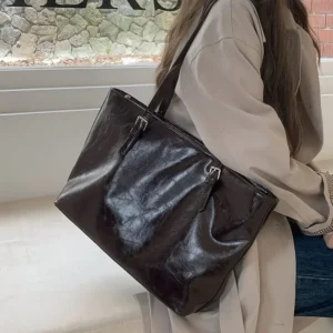 Professional PU Leather Work Tote Bag with Large Capacity for Women - Elegant Black Commuter Shoulder Bag