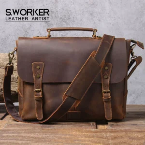 Full Grain Leather Briefcase for Men - Vintage Cowhide Laptop Messenger Bag with Multiple Compartments