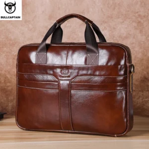 Premium Cowhide Leather Business Briefcase with 15" Laptop Compartment - Professional Work Bag