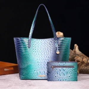 Crocodile Pattern Vegan Leather Work Tote with Matching Pouch - Professional Women's Shoulder Bag