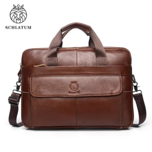 Premium Full Grain Cow Leather Briefcase with 15.6 Inch Laptop Compartment for Men - Professional Business Bag