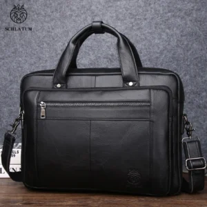 Full Grain Leather Business Briefcase with 16-Inch Laptop Compartment - Professional Men's Document Carrier