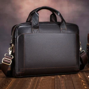 Full Grain Cowhide Leather Briefcase with Laptop Compartment - Professional Business Messenger Bag