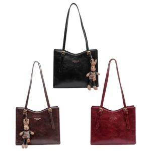 Vintage PU Leather Slouchy Tote Shoulder Bag with Pendant - Women's Fashion Travel Handbag