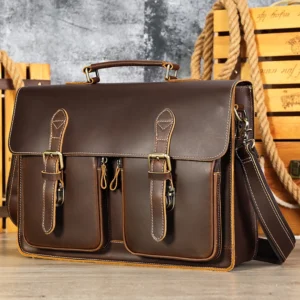 Full Grain Cowhide Leather Briefcase with Detachable Strap - 15" Business Messenger Bag for Men