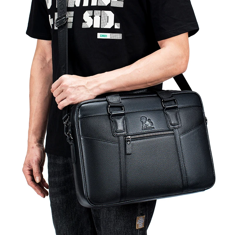 Professional full grain leather work tote showing quality leather in daily use