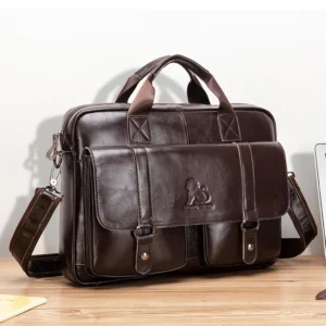 Full Grain Cowhide Leather Business Briefcase with Laptop Compartment for Men - Professional 15" Organizer