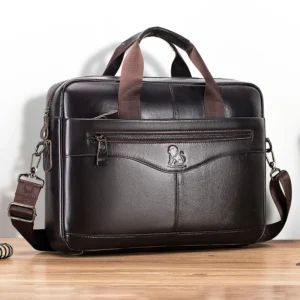 Full Grain Leather Briefcase with 14-inch Laptop Compartment for Men - Vintage Professional Document Carrier